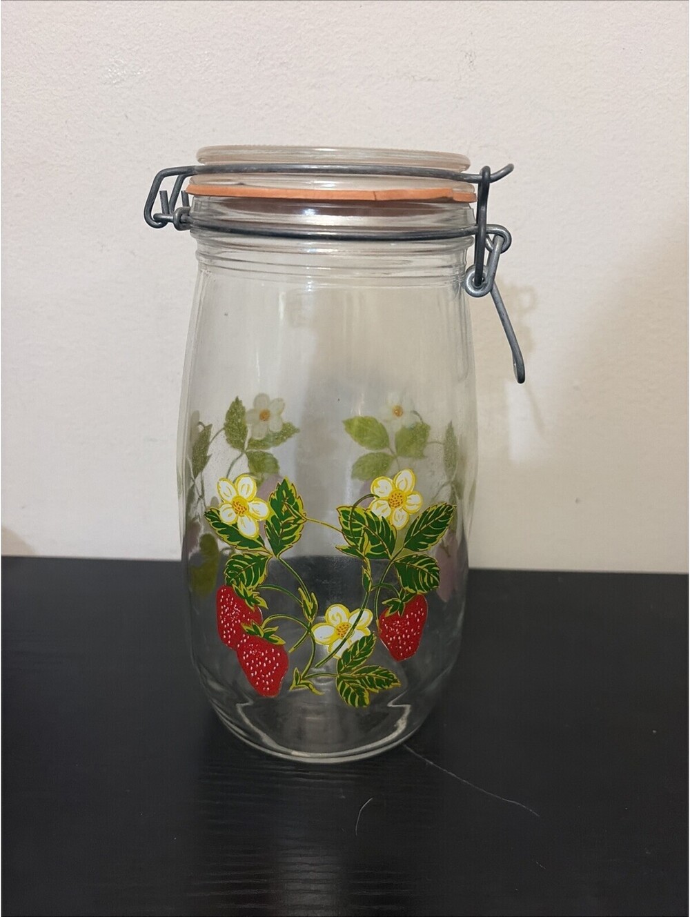 Vtg. ARC France Glass Canister Jar 1.5L with Wire Bale Lid & Strawberry Blossom